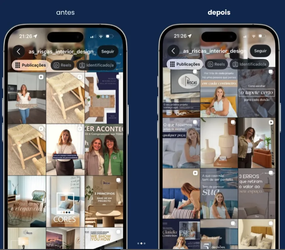 Feed de Instagram da Às Riscas antes e depois: de publicações sem sistema visual a uma grelha coerente