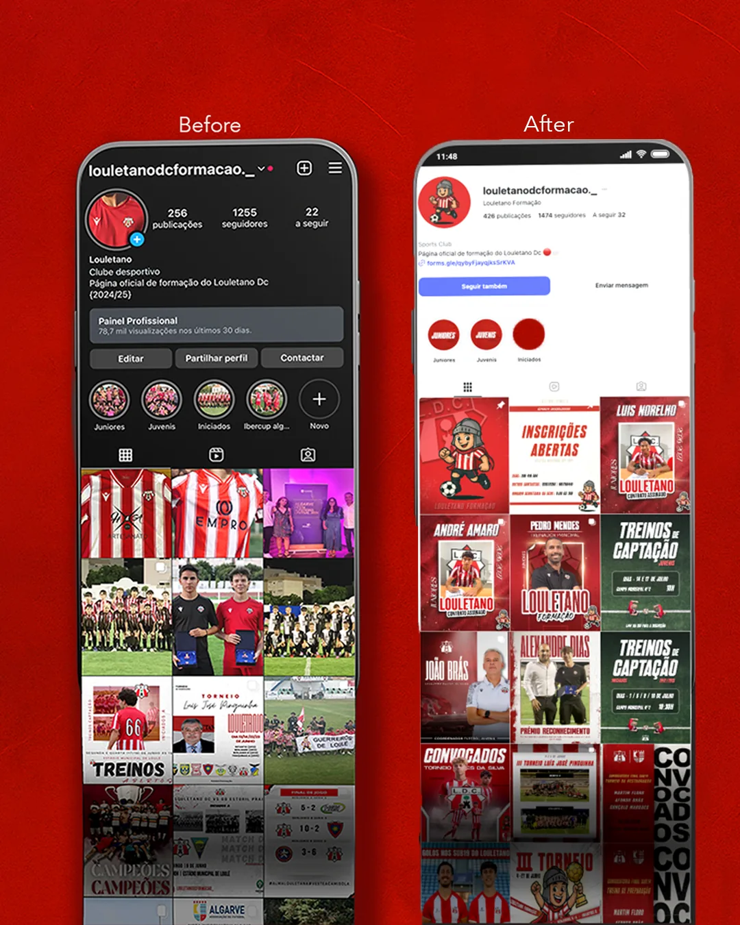 Instagram do Louletano Formação antes e depois do rebranding, com um feed mais coerente