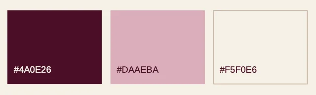 Paleta da Made: bordeaux #4A0E26, peónia suave #DAAEBA e oat milk #F5F0E6