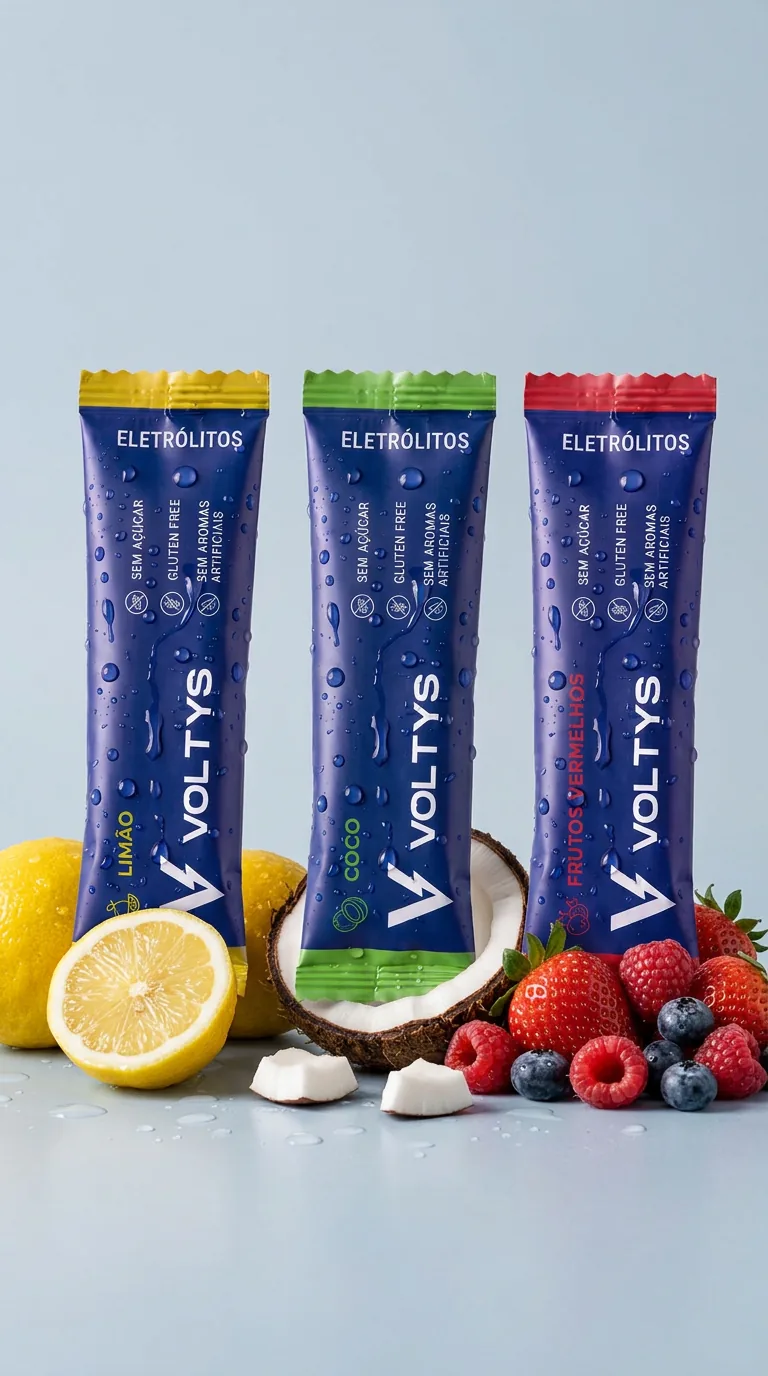 Três saquetas de eletrólitos Voltys — limão, coco e frutos vermelhos — ladeadas por limão, coco e frutos vermelhos frescos