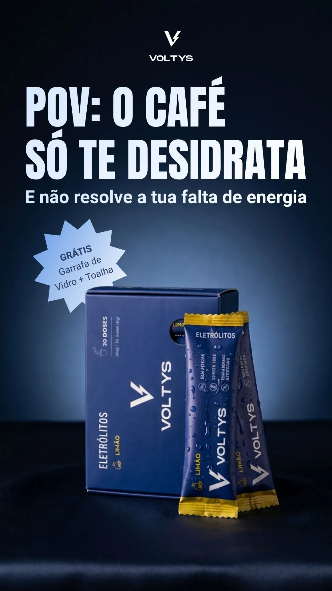 Criativo Voltys «POV: o café só te desidrata», com a caixa de 30 doses de limão e duas saquetas