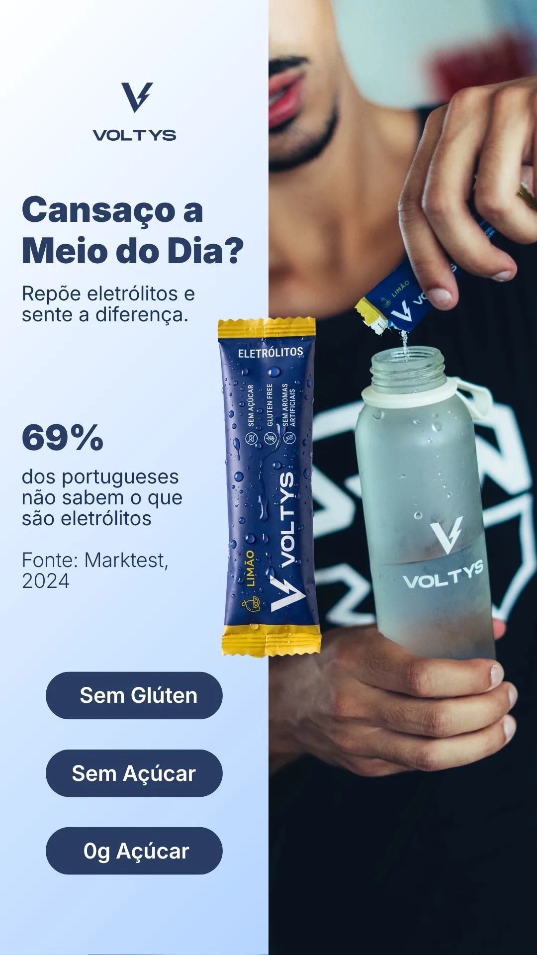 Criativo Voltys «Cansaço a meio do dia?», com um dado de mercado e uma pessoa a deitar uma saqueta numa garrafa da marca